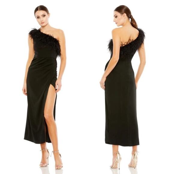 Mac Duggal 68147 Black Feather Trim One Shoulder Sleeveless Midi Dress Size 4